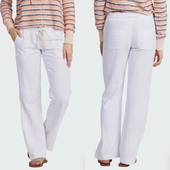 Roxy Linen Oceanside Flared Pants Sea Salt White Pockets drawstring size Large - Picture 1 of 12